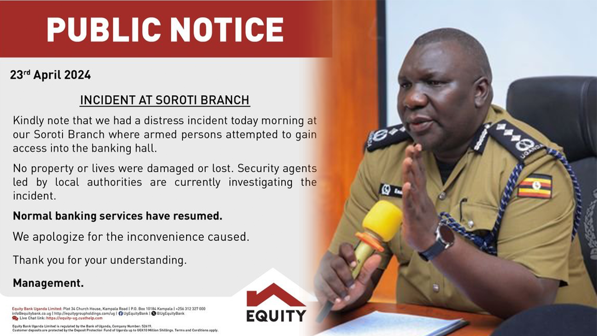Police Has Come Out On The Robbery In Soroti Equity Bank Branch